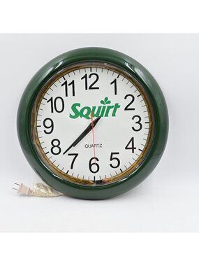 Squirt Advertising Wall Clock Quartz Movement‎ Green Frame Vintage Tested NWB